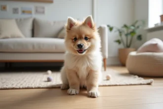 Chiot Eurasier crème et fauve assis sur parquet en bois clair dans un salon moderne, regard attentif et fourrure épaisse