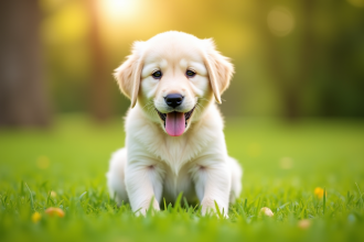 Chiot retriever blanc sur pelouse verte en plein jour