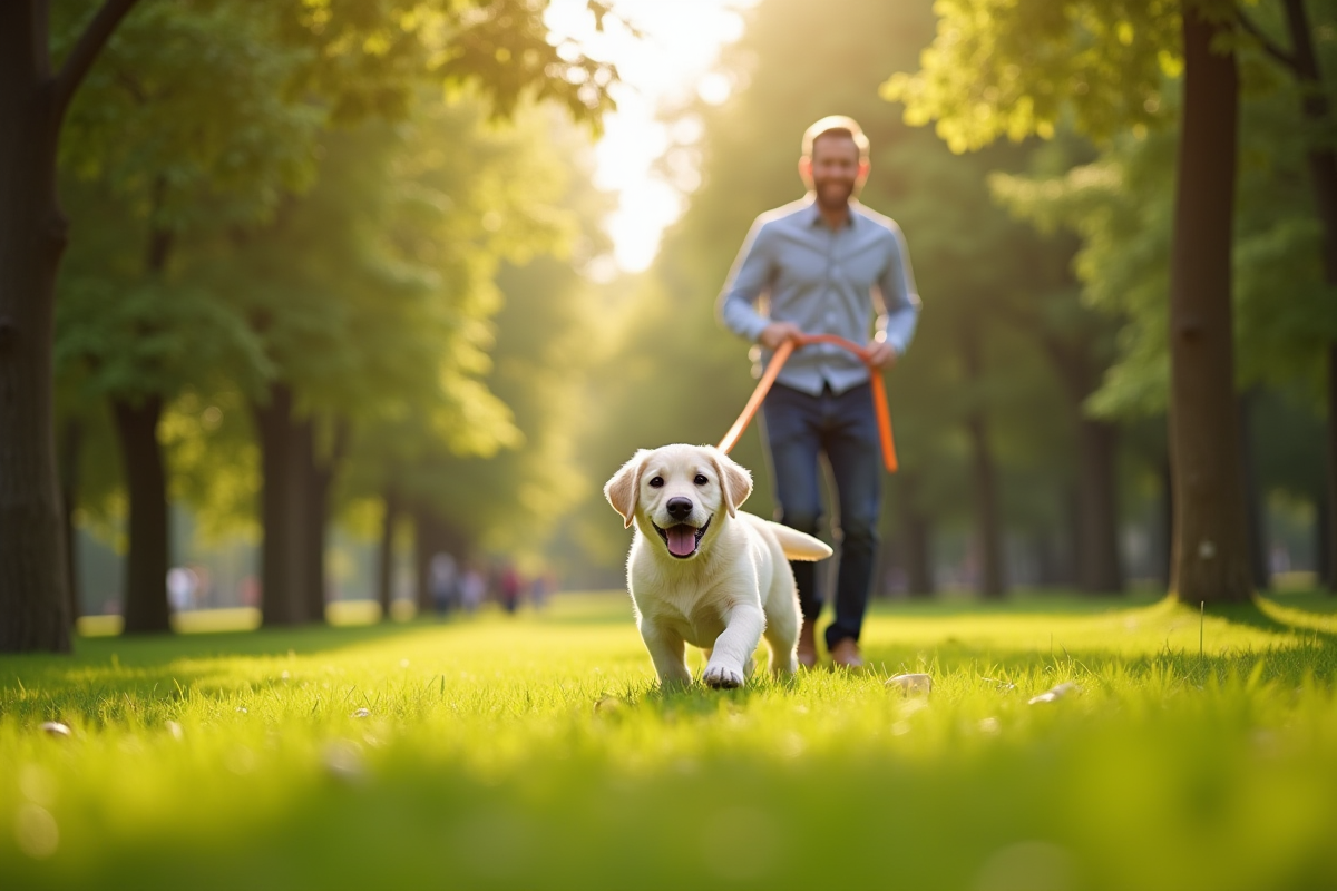 Chiot labrador apprenant à marcher en parc vert