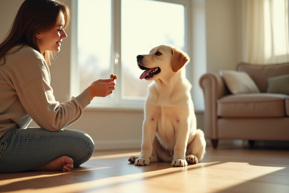 Chiot labrador assis dans un salon lumineux