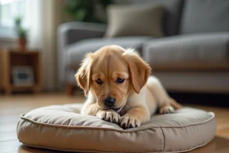 Chiot golden retriever en train de mordiller un coussin indestructible pour chien sur un parquet en bois