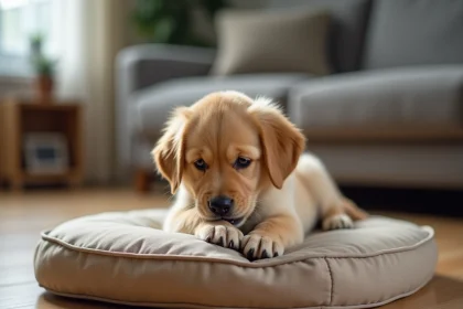 Chiot golden retriever en train de mordiller un coussin indestructible pour chien sur un parquet en bois