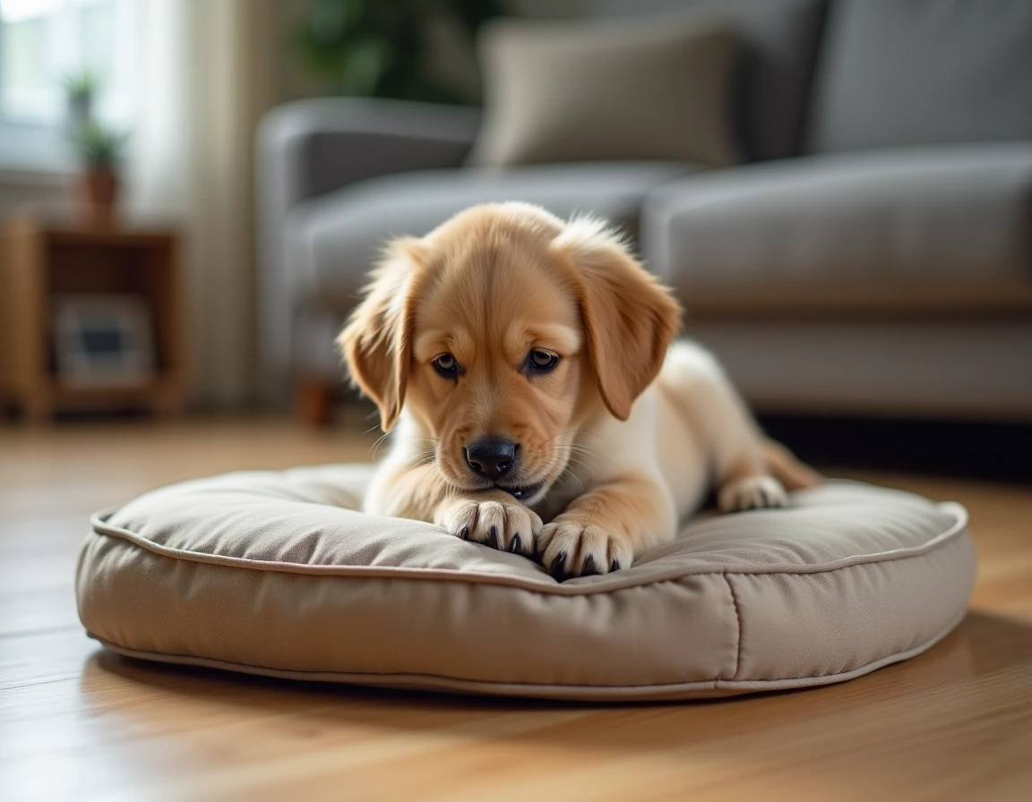 Chiot golden retriever en train de mordiller un coussin indestructible pour chien sur un parquet en bois