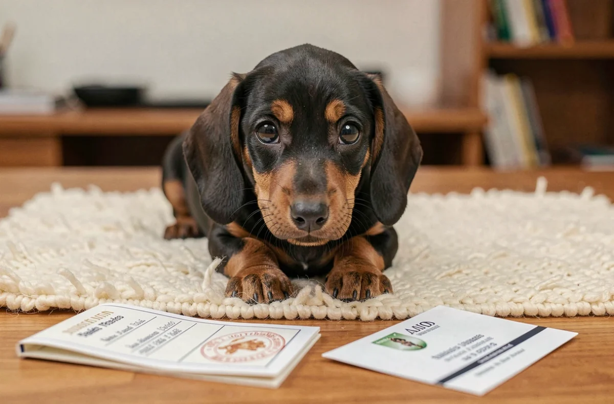 Chiot teckel Kaninchen tricolore posé sur une couverture en laine avec documents d'élevage et pedigree au premier plan