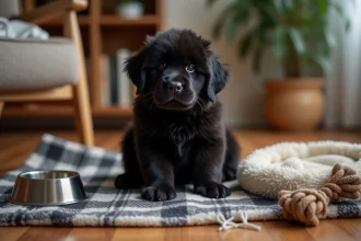Chiot Terre Neuve noir assis sur une couverture écossaise entouré d'accessoires essentiels pour son arrivée à la maison