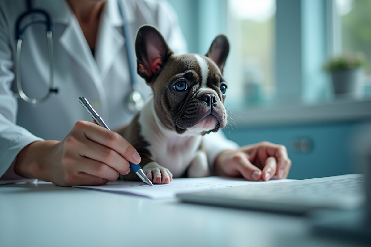Chiot bulldog francais chez le veterinaire regardant le veterinaire
