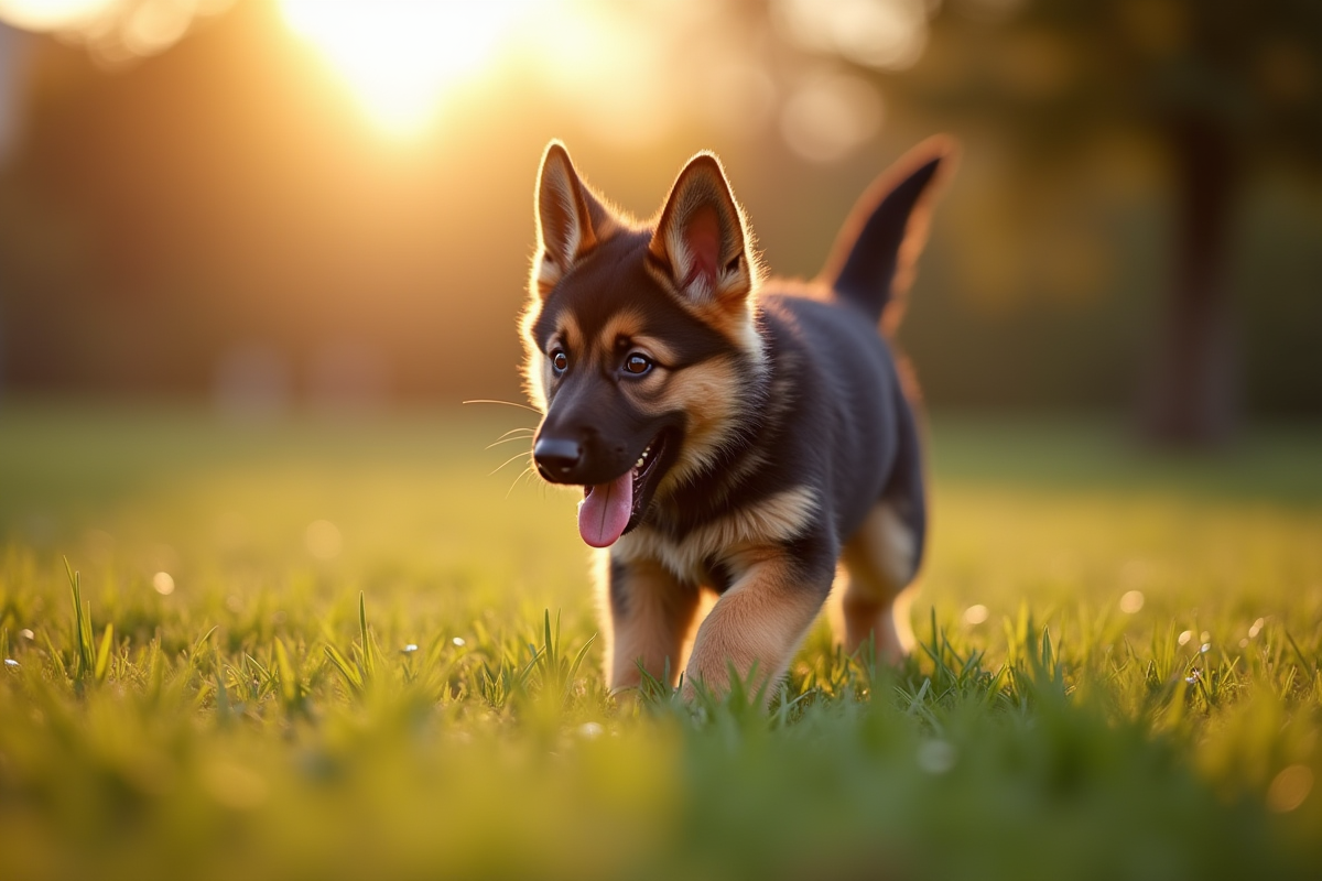Chiot berger allemand dans un parc en plein air lors de l'heure dorée