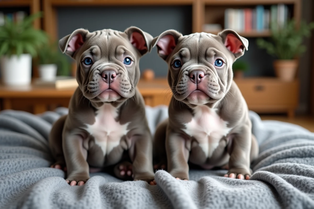 Deux chiots Bully assis sur un plaid dans un salon