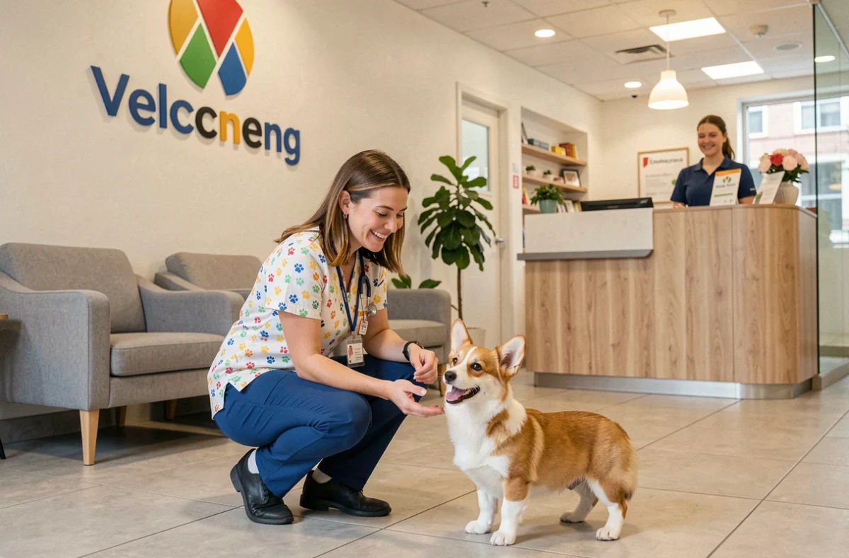 Vétérinaire accueillant un chiot corgi dans la clinique Happy'Vet Lille-Centre et Montebello