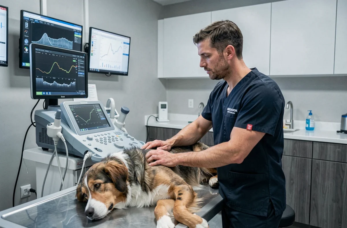 Vétérinaire utilisant un équipement d'échographie avancé sur un chien dans la clinique IoVet