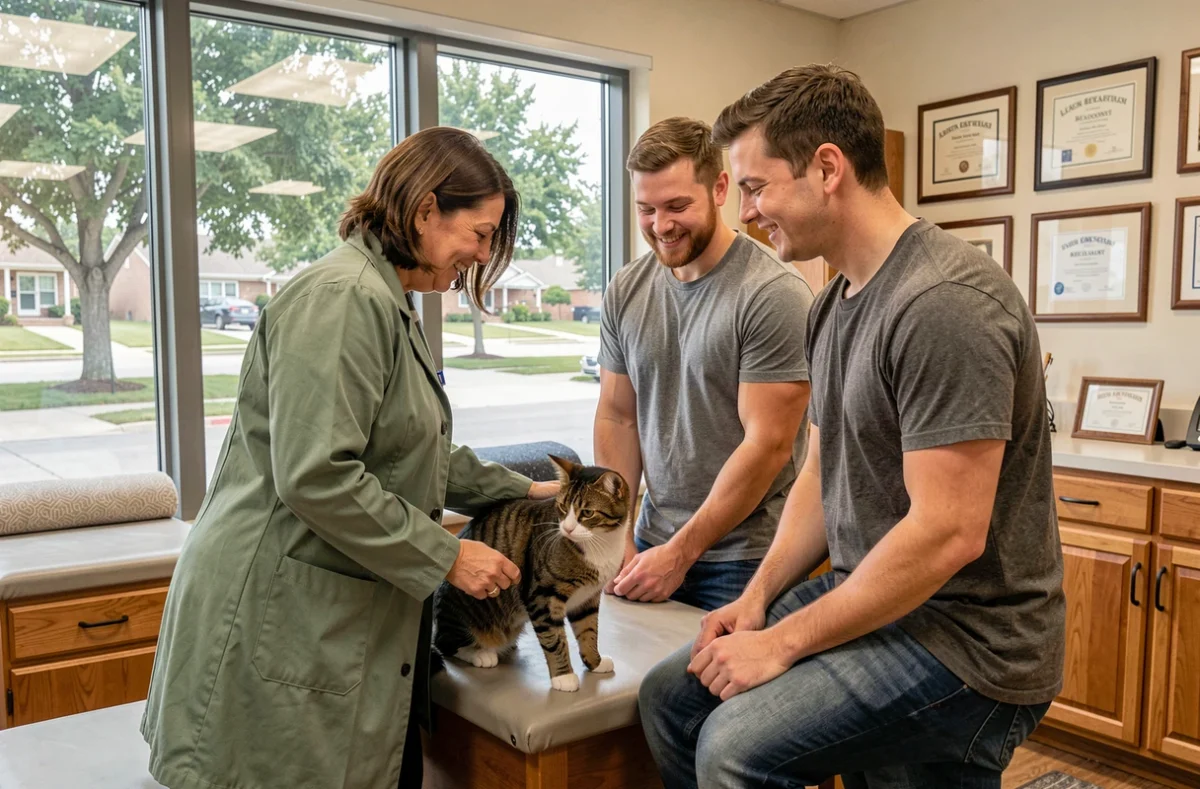 Vétérinaire en consultation avec une famille et leur chat dans la clinique vétérinaire de Beaumont