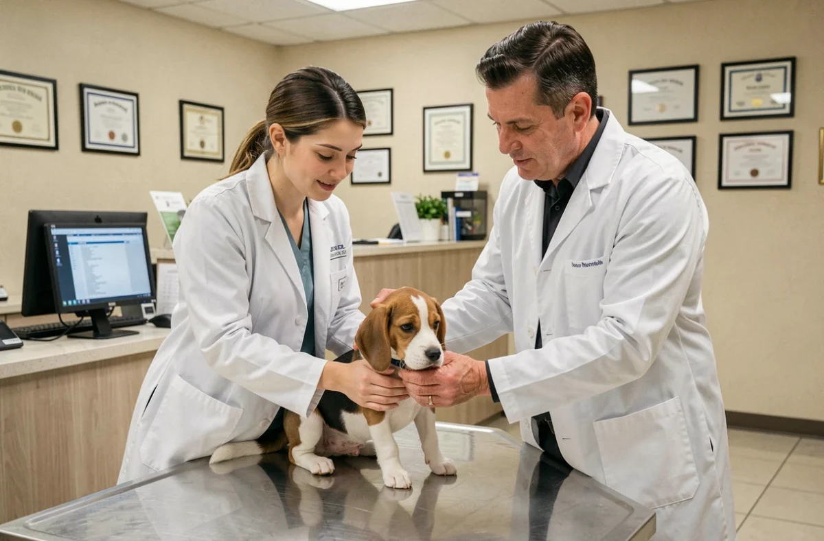 Deux vétérinaires de la clinique Bourbouze-Beloeil examinant un chiot beagle ensemble