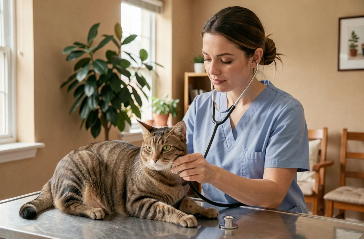 Vétérinaire auscultant un chat tigré dans la clinique vétérinaire d'Esquermes