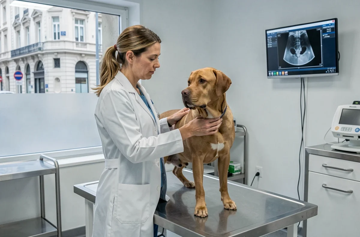 Vétérinaire examinant un labrador dans la clinique vétérinaire Gambetta à Lille