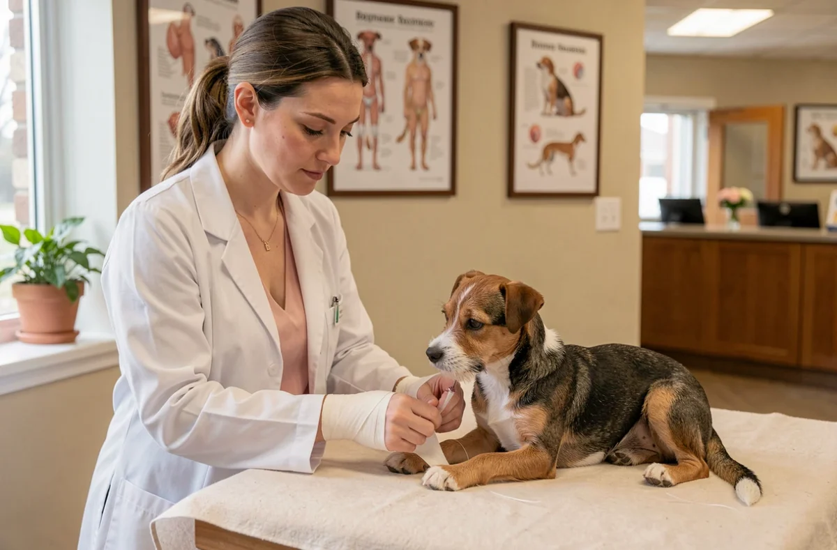 Vétérinaire bandageant la patte d'un terrier dans la clinique vétérinaire Jeanne d'Arc