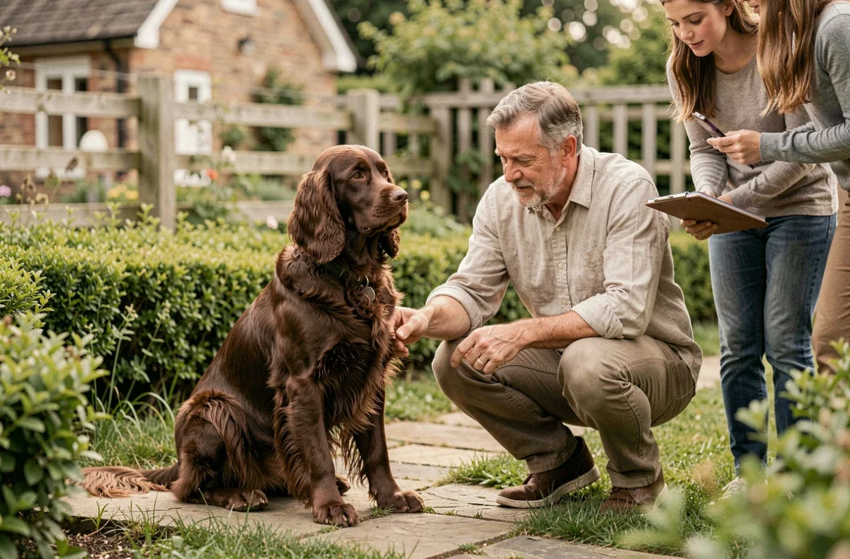 Éleveur expérimenté présentant un Cocker Spaniel Nain chocolat à de futurs propriétaires dans un jardin d'élevage