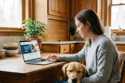 Femme comparant des offres d'assurance animaux en ligne sur un ordinateur portable avec son chien golden retriever posé sur ses genoux