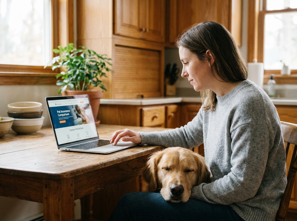 Femme comparant des offres d'assurance animaux en ligne sur un ordinateur portable avec son chien golden retriever posé sur ses genoux