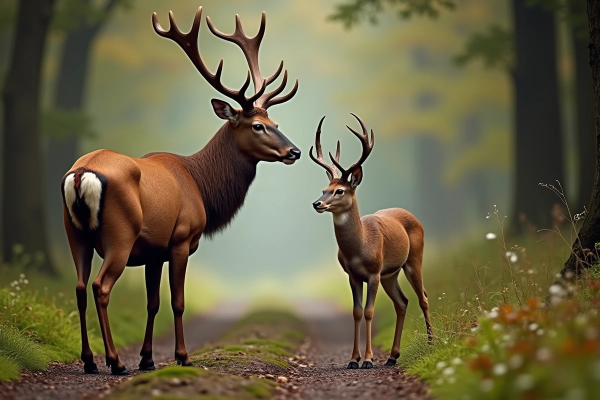 Comparaison côte à côte d'un cerf élaphe et d'un chevreuil en forêt, illustration des différences de silhouette, taille et allure entre les deux espèces