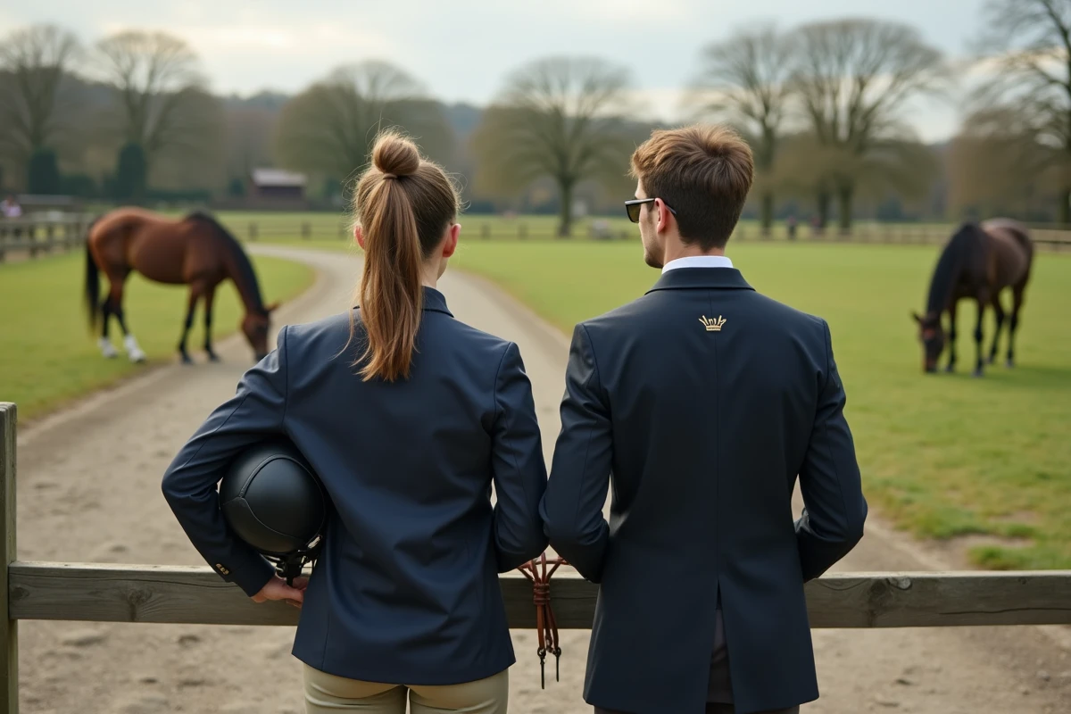 Deux cavaliers comparant leur expérience avec un cheval de club et un cheval de propriétaire, illustrant les différences entre les deux statuts dans un centre équestre mixte