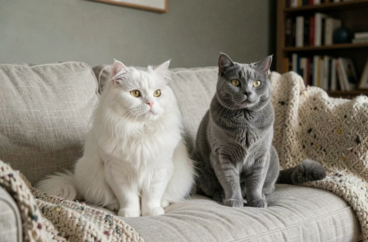 Chat persan aux longs poils blancs et chat British Shorthair au pelage mi-long bleu posés côte à côte sur un canapé en lin