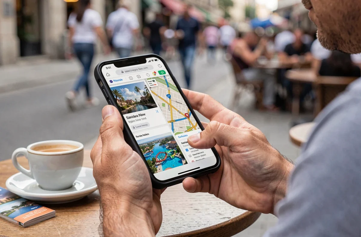 Mains tenant un smartphone comparant le site Aplouf.com et la localisation d'un parc aquatique Aplouf