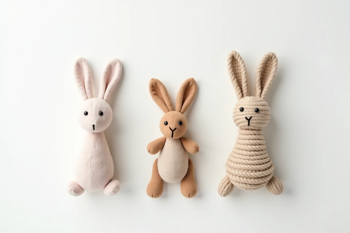 Vue à plat de trois jouets-lapins pour animaux de compagnie en différents matériaux côte à côte pour comparaison lors d'un achat