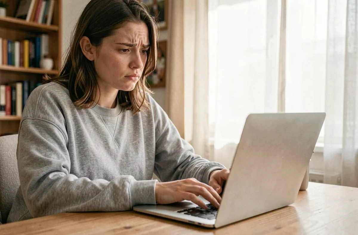 Femme confuse devant un ordinateur portable cherchant à distinguer Aplouf.com d'un parc aquatique Aplouf