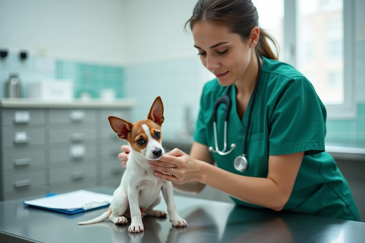 Vétérinaire examinant un chiot Jack Russell dans une clinique vétérinaire pour contrôle sanitaire