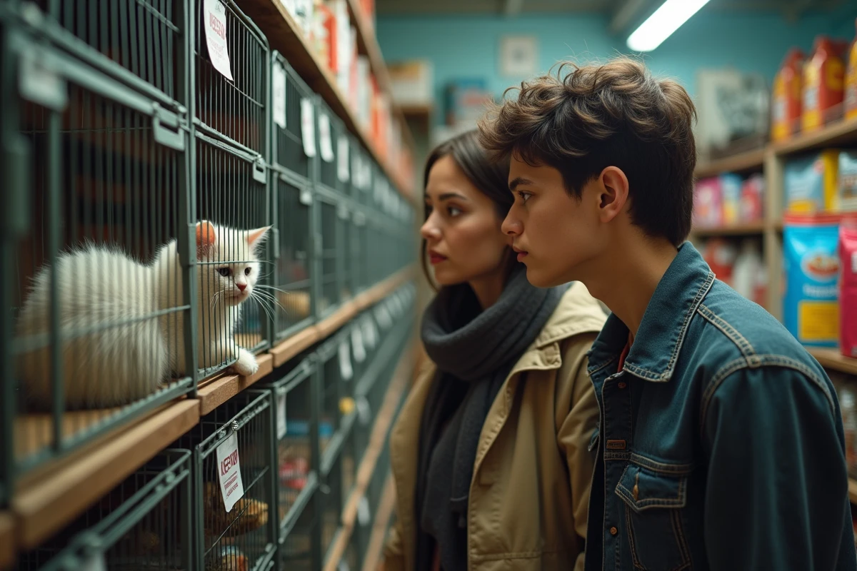 Jeune couple observant un chaton Birman dans une animalerie