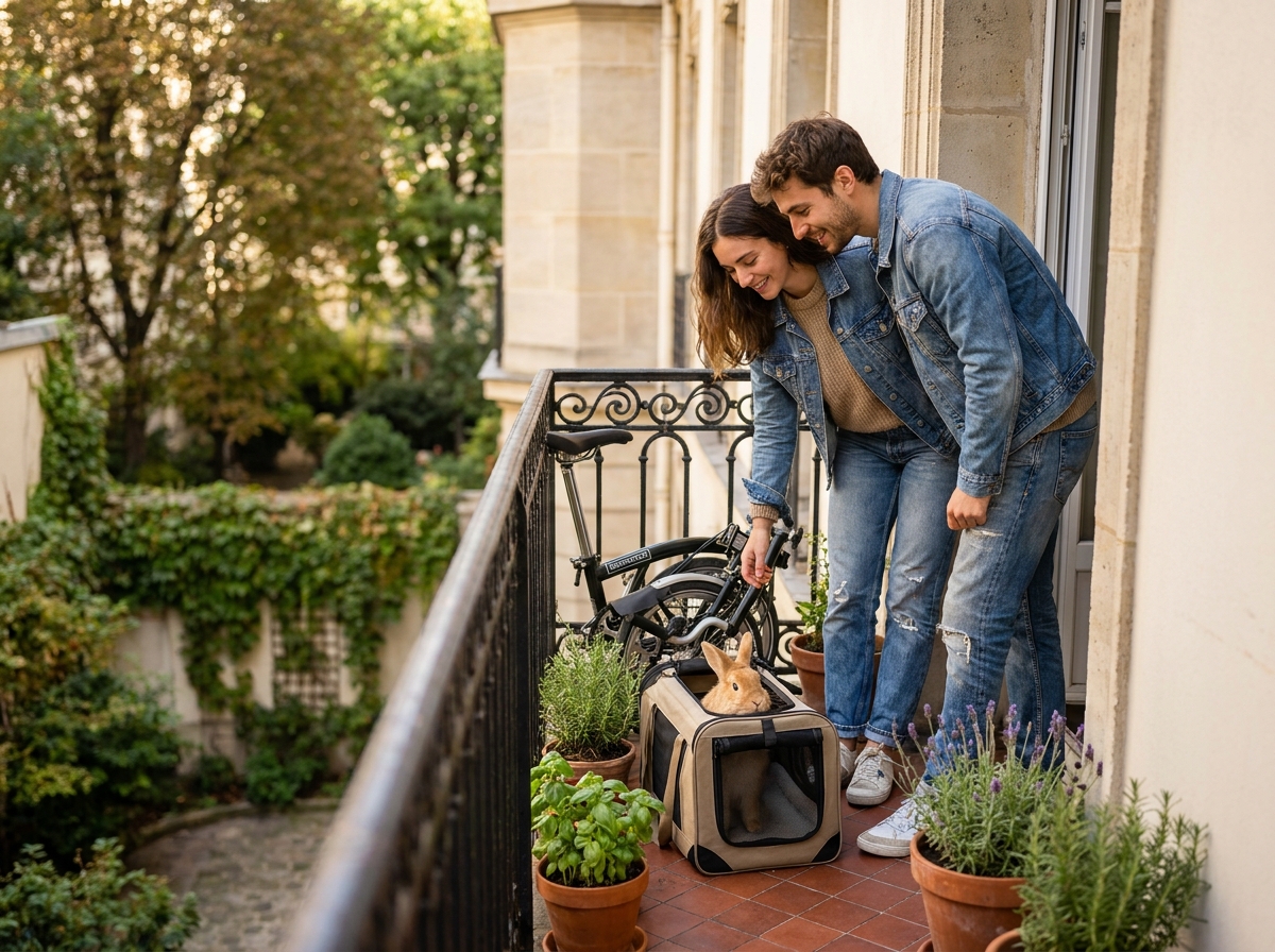 Couple avec un lapin sur un balcon d'appartement parisien dans le 11e arrondissement