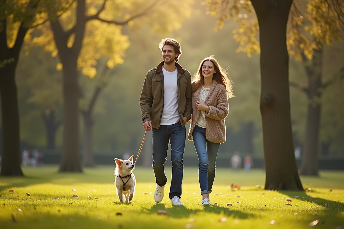Jeune couple promenant un chihuahua dans un parc ensoleille