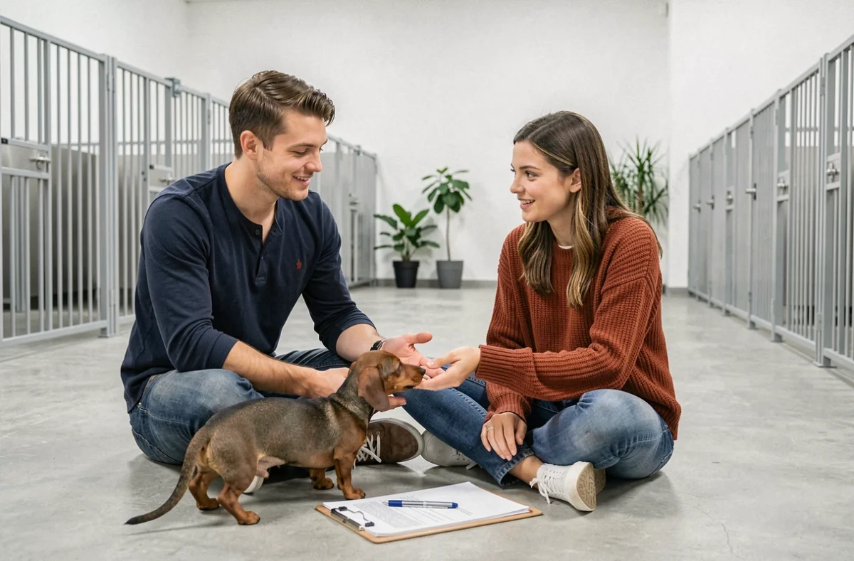 Couple visitant un élevage de teckels Kaninchen et posant des questions à l'éleveur lors d'une première rencontre