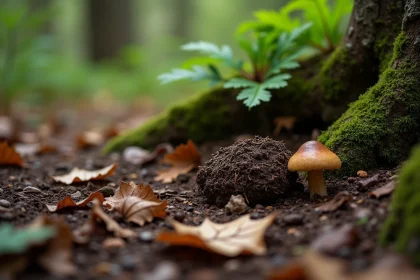 Crotte de sanglier sur sol forestier humide entourée de feuilles mortes et de mousse, photographie naturaliste en forêt européenne