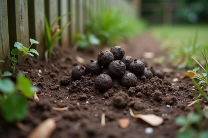 Crotte de sanglier sur le sol d'un jardin avec terre retournée et herbe arrachée