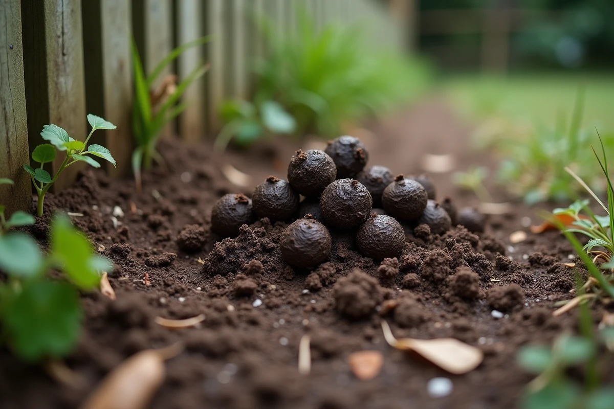 Crotte de sanglier sur le sol d'un jardin avec terre retournée et herbe arrachée