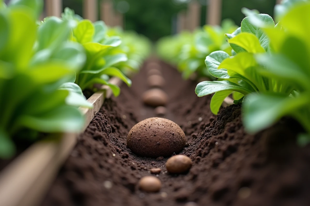 Déjections de renard entre laitues et radis dans le jardin