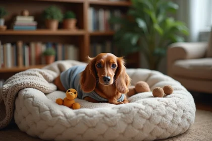 Jeune teckel nain longhair au repos dans un lit douillet