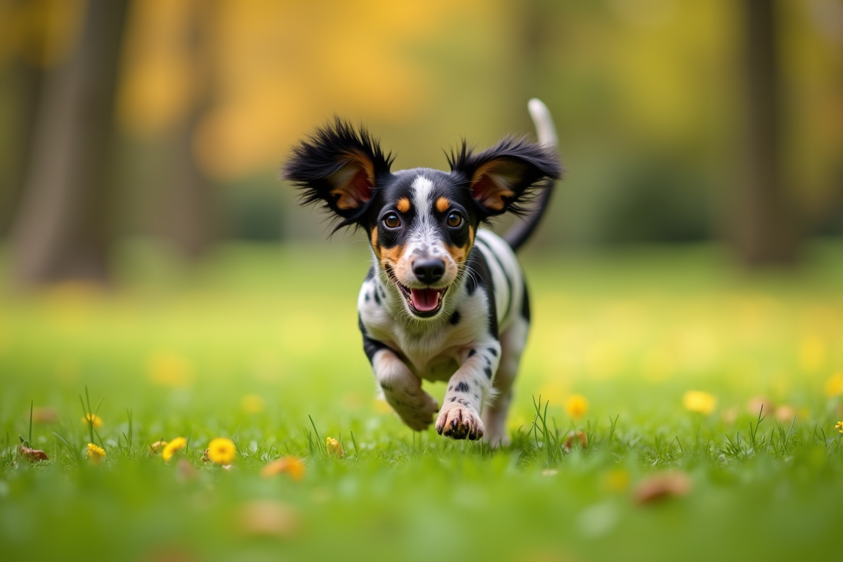 Dachshund tacheté courant joyeusement dans un parc vert ensoleillé