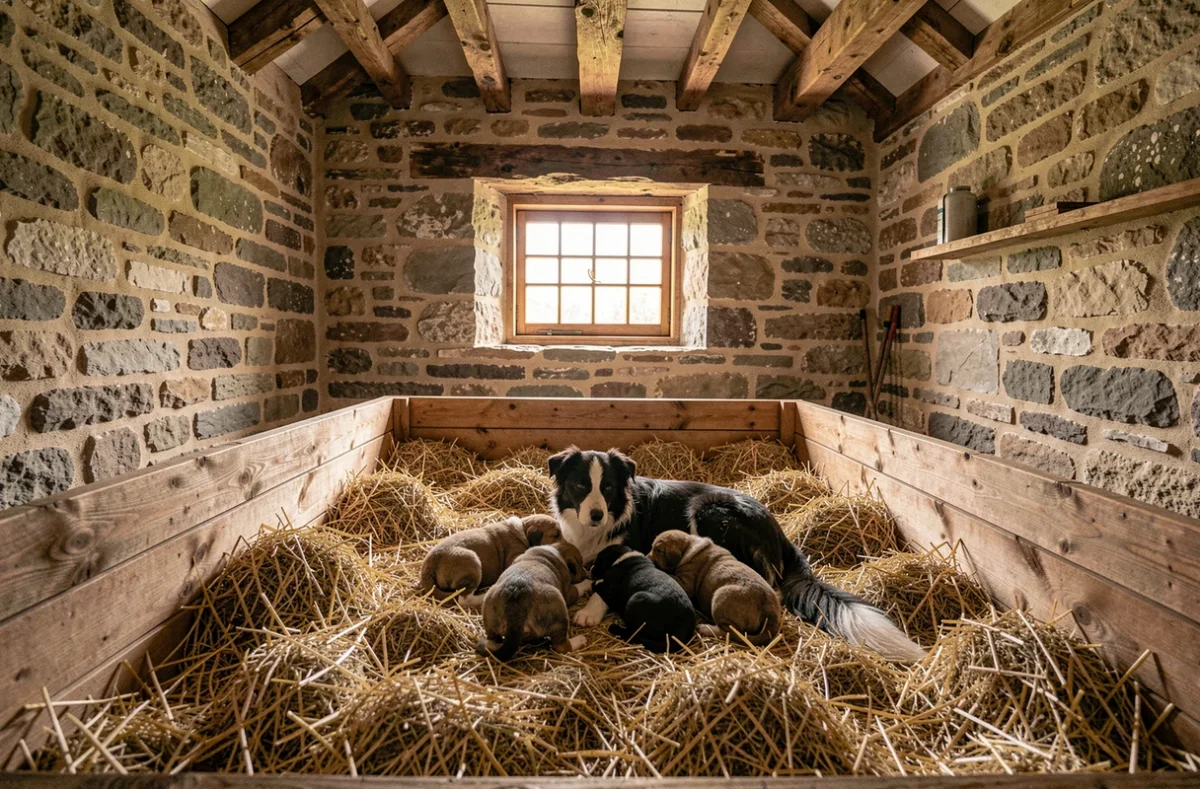 Portée de chiots border collie avec leur mère dans une maternité en pierre de l'élevage D'Emgueran, dans une atmosphère chaleureuse et rustique