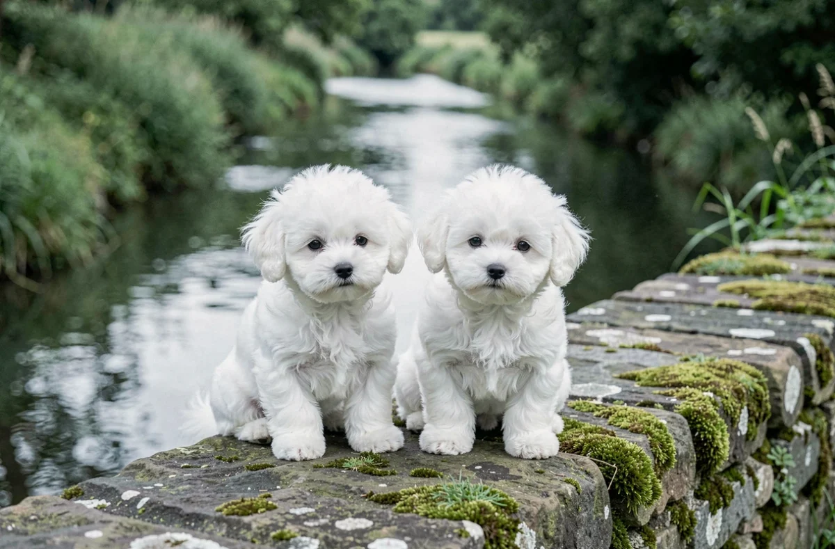 Deux chiots bichons frisés blancs assis sur un muret moussu au bord de la rivière Formans, dans le cadre champêtre de l'élevage Des Demoiselles du Formans