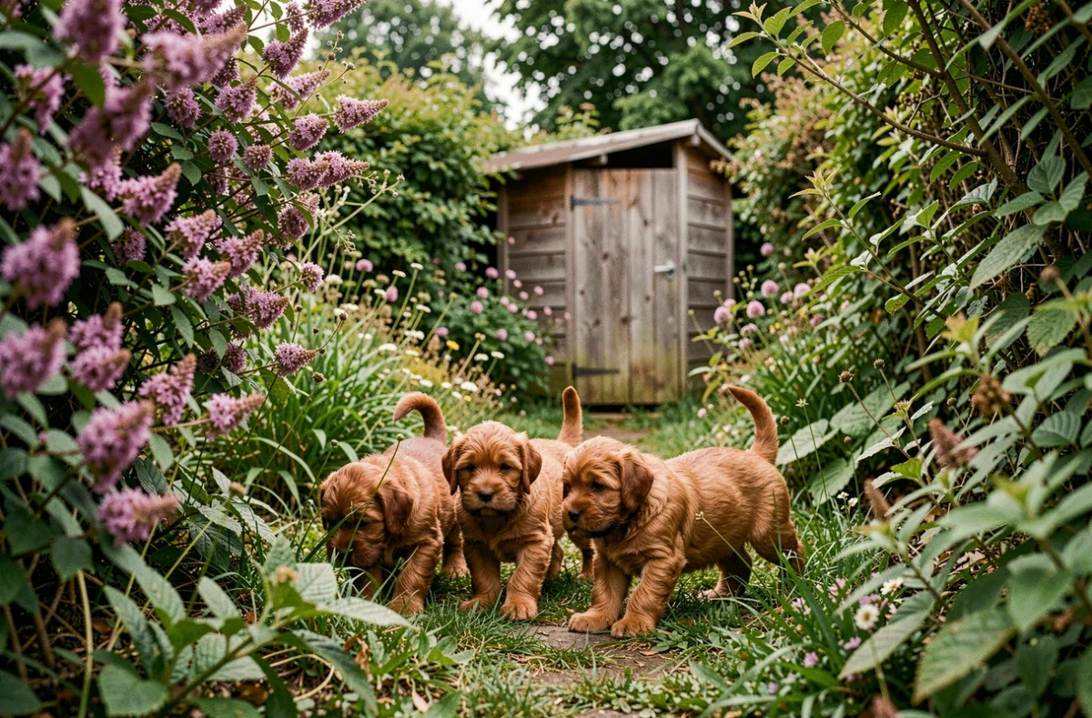 Des chiots briards aux poils roux explorant un jardin naturel avec des ronces en fleurs violettes typique de l'élevage Des Ronciers Pourpres