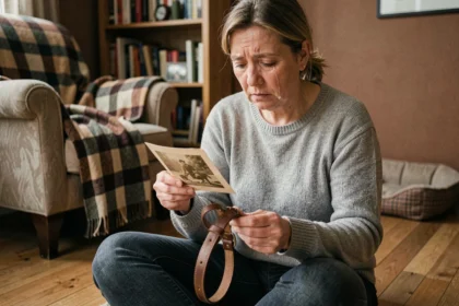 Femme en deuil tenant le collier de son chien décédé dans un salon chaleureux, exprimant la tristesse d'avoir perdu son animal de compagnie