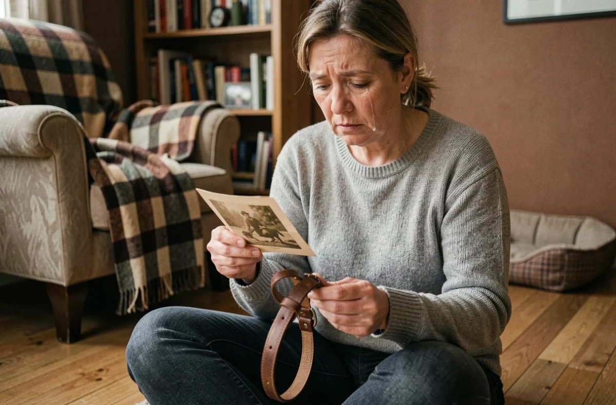 Femme en deuil tenant le collier de son chien décédé dans un salon chaleureux, exprimant la tristesse d'avoir perdu son animal de compagnie
