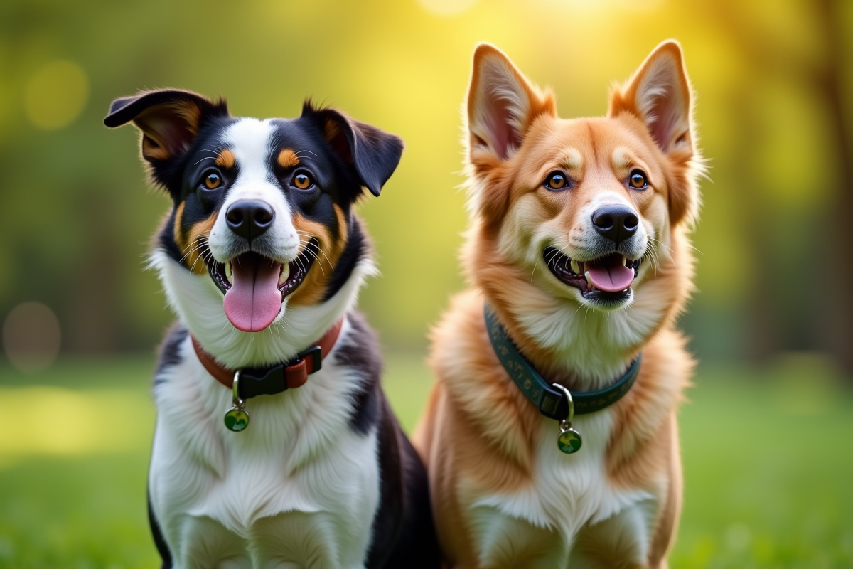 Deux chiens de races différentes dans un parc ensoleille