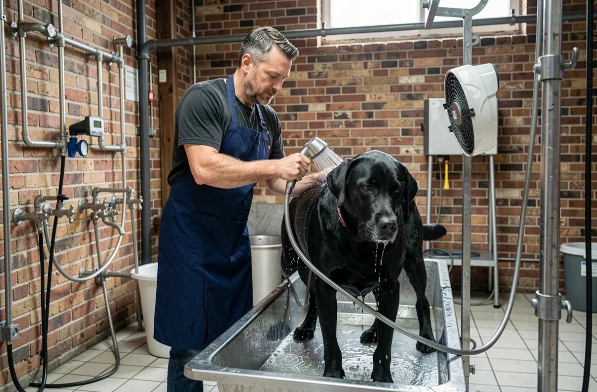 Toiletteur Doggy Docks à Rouen lavant un labrador noir dans une station de bain style industriel