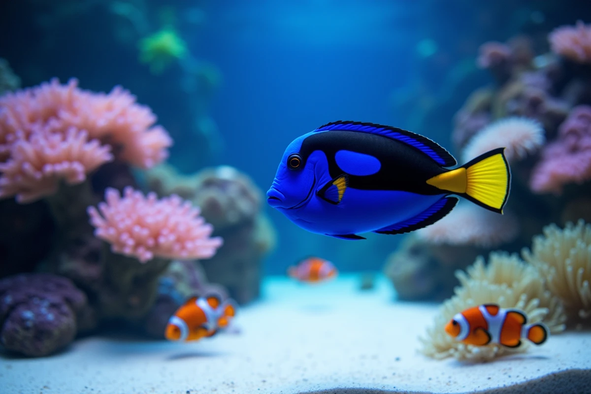 Poisson chirurgien bleu nageant dans un aquarium marin avec des coraux colorés et des anémones, évoquant le personnage de Doris du Monde de Nemo