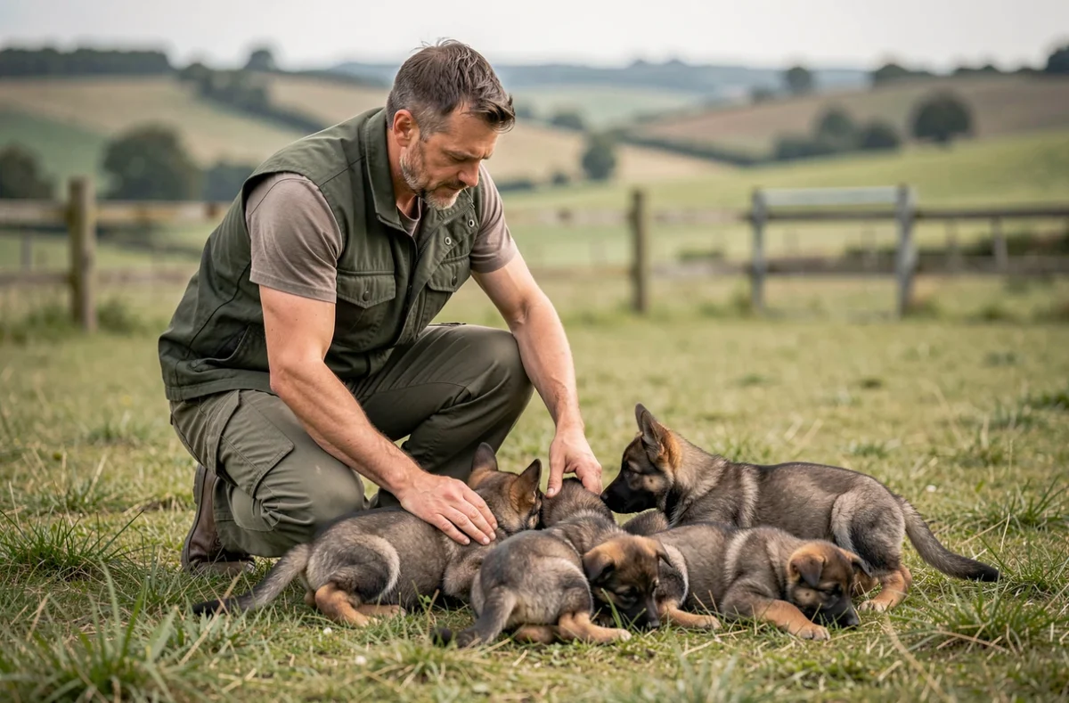 Éleveur Dosdat Josua accroupi dans un pré avec des chiots bergers allemands autour de lui, entouré de collines françaises verdoyantes