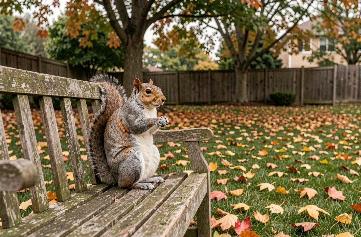Écureuil gris assis sur un banc de jardin entouré de feuilles d'automne, présence symbolique dans un jardin de banlieue