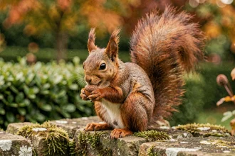 Écureuil roux perché sur un mur de jardin en pierre regardant un gland, symbole de signe naturel dans le jardin